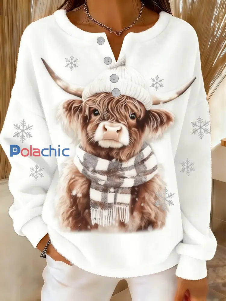 Femmes rétro Noël flocon de neige Highland Cow Imprimer confortable Flanelle Pull Blanc / S