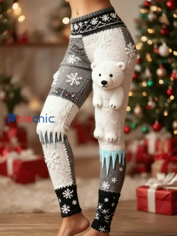Femmes Rétro Noël Flocon De Neige Ours Art Patchwork Sport Stretch Leggings Gris / S