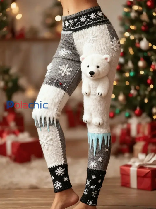 Femmes Rétro Noël Flocon De Neige Ours Art Patchwork Sport Stretch Leggings Gris / S
