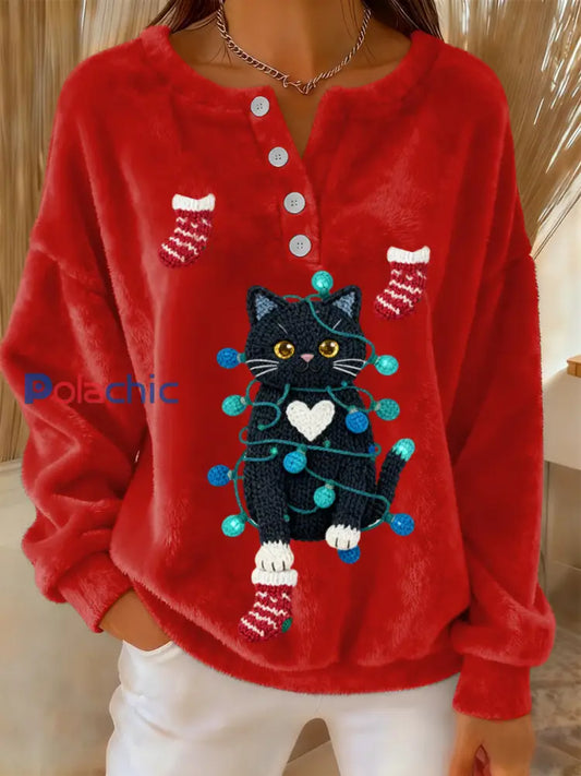 Femmes Rétro Noël Mignon Chat Chaussettes Imprimer Manches Longues Flanelle Pull Rouge / S