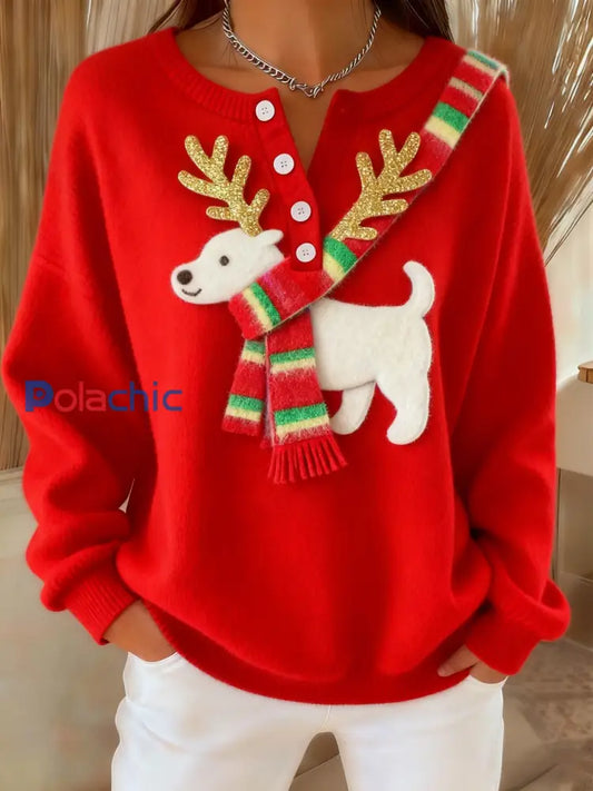 Femmes Rétro Noël Mignon Fun Flocon De Neige Écharpe Chien Art Imprimer Boutonné Cardigan Pull Rouge / S