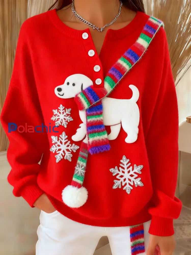 Femmes Rétro Noël Mignon Fun Flocon De Neige Écharpe Chien Art Imprimer Boutonné Cardigan Pull Rouge / S
