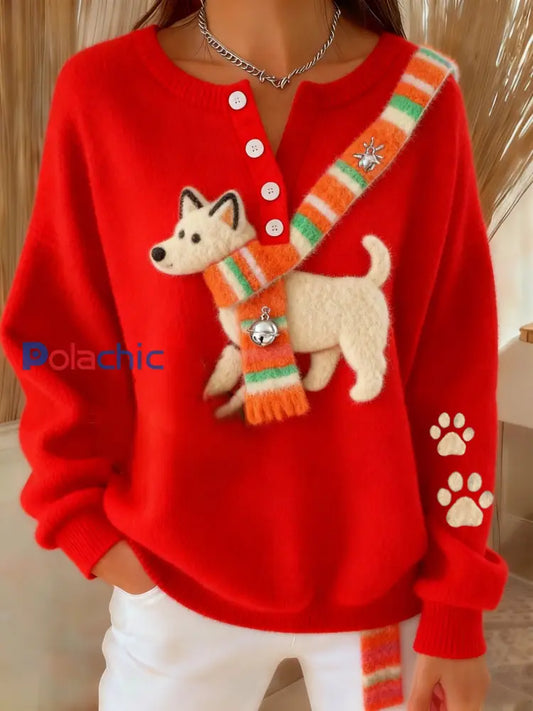 Femmes Rétro Noël Mignon Fun Flocon De Neige Écharpe Chien Art Imprimer Boutonné Cardigan Pull Rouge / S