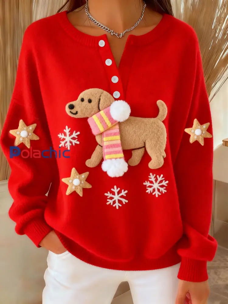 Femmes Rétro Noël Mignon Fun Flocon De Neige Écharpe Chien Art Imprimer Boutonné Cardigan Pull Rouge / S