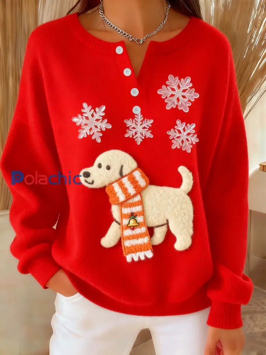 Femmes Rétro Noël Mignon Fun Flocon De Neige Écharpe Chien Art Imprimer Boutonné Cardigan Pull Rouge / S