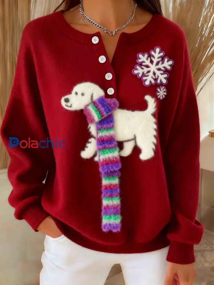 Femmes Rétro Noël Mignon Fun Flocon De Neige Écharpe Chien Art Imprimer Boutonné Cardigan Pull Vin Rouge / S