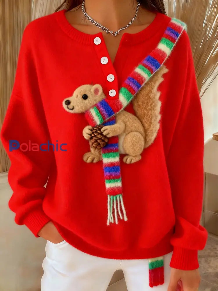 Femmes Rétro Noël Mignon Fun Flocon de Neige Écharpe Écureuil Art Imprimer Boutonné Cardigan Pull Rouge / S