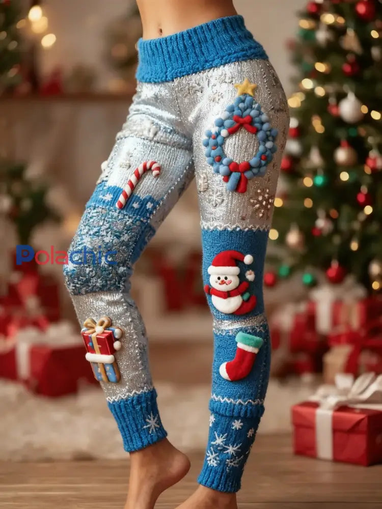 Femmes Rétro Noël Santa Fun Art Patchwork Sport Stretch Leggings Bleu / S