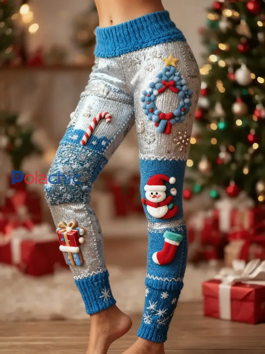 Femmes Rétro Noël Santa Fun Art Patchwork Sport Stretch Leggings Bleu / S