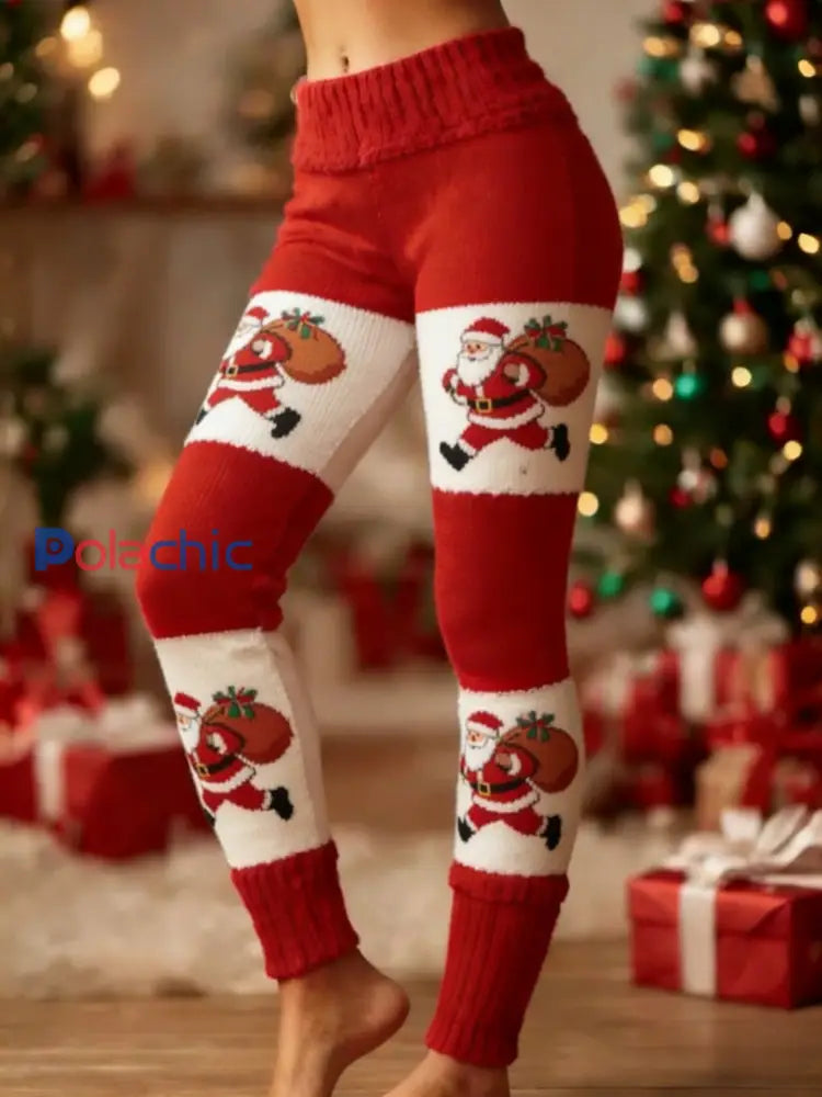 Femmes Rétro Noël Santa Fun Art Patchwork Sport Stretch Leggings Rouge / S