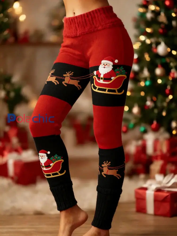 Femmes Rétro Noël Santa Fun Art Patchwork Sport Stretch Leggings Rouge / S