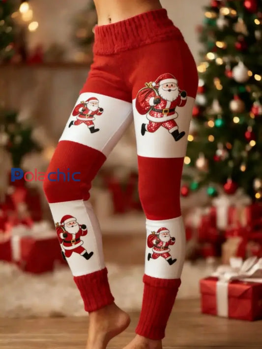 Femmes Rétro Noël Santa Fun Art Patchwork Sport Stretch Leggings Rouge / S