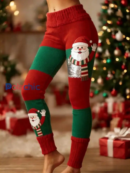 Femmes Rétro Noël Santa Fun Art Patchwork Sport Stretch Leggings Rouge / S