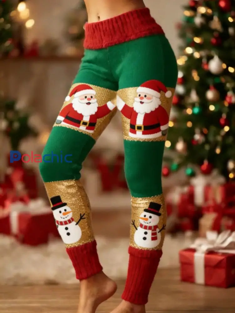 Femmes Rétro Noël Santa Fun Bonhomme De Neige Art Patchwork Sport Stretch Leggings Rouge / S