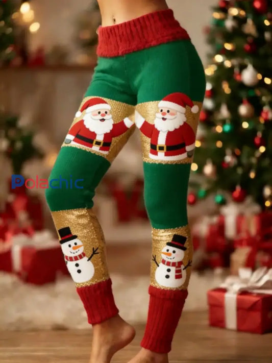 Femmes Rétro Noël Santa Fun Bonhomme De Neige Art Patchwork Sport Stretch Leggings Rouge / S