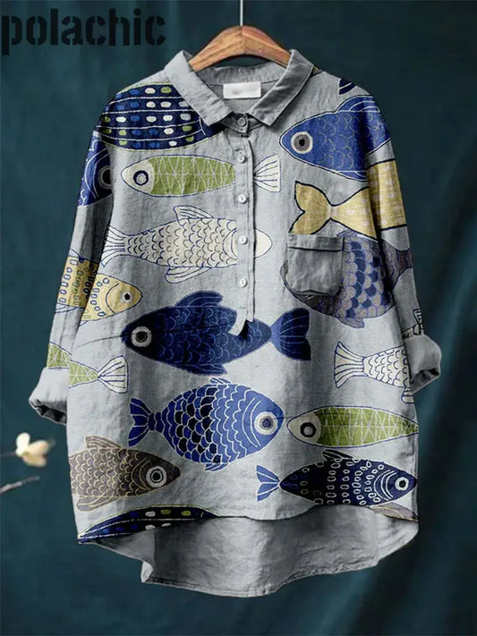 Femmes Rétro Poisson Art Imprimé Casual Coton Lin Col Rond Bouton Poche Midi Chemise À Manches A / S