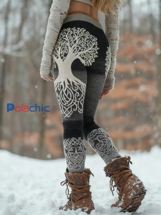 Femmes Retro Viking Celtic Knot Arbre De Vie Gradient Sport Stretch Leggings Noir / S