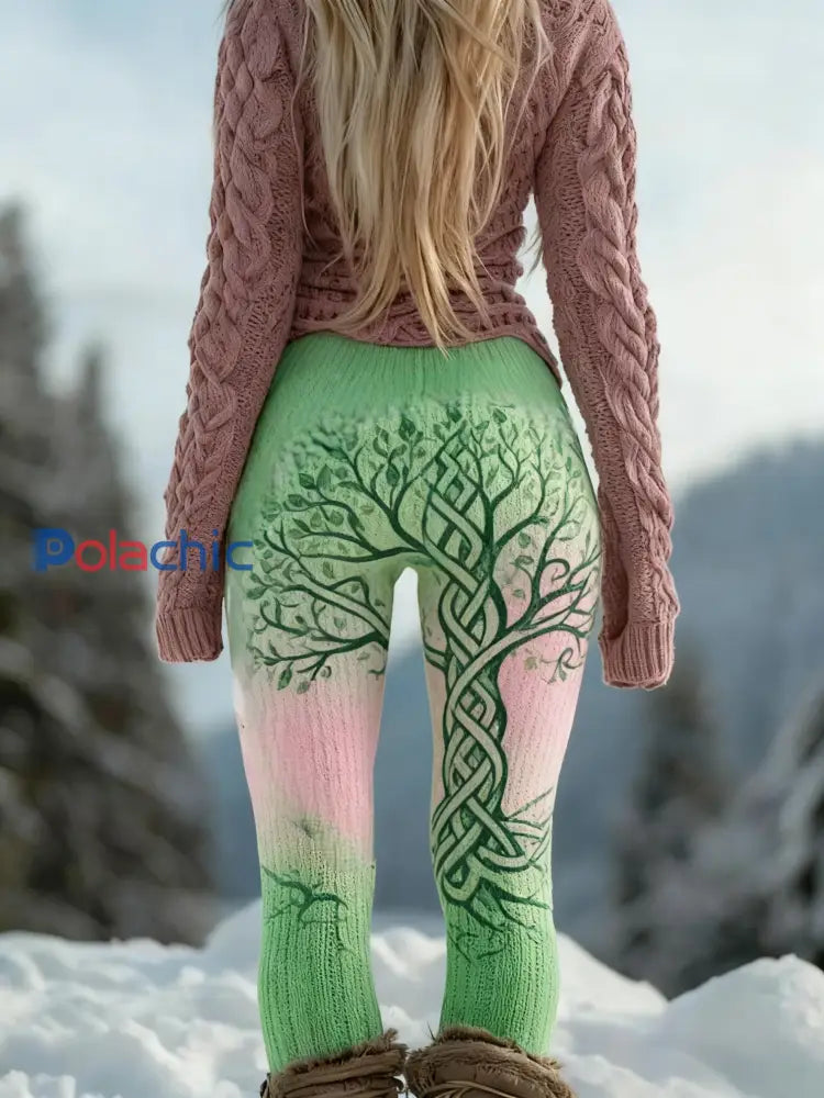 Femmes Retro Viking Celtic Knot Arbre De Vie Gradient Sport Stretch Leggings Vert / S