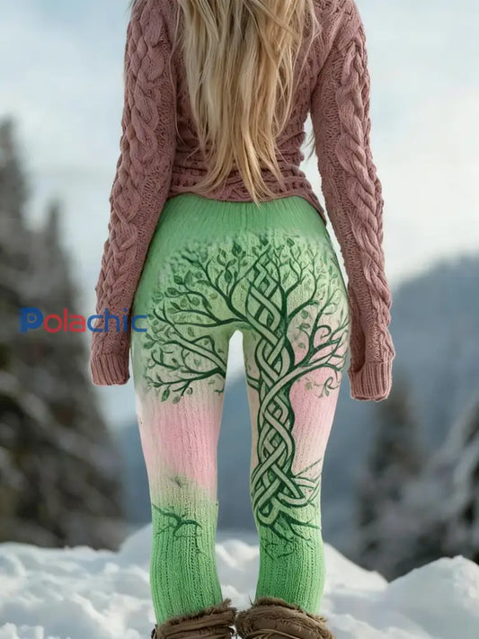 Femmes Retro Viking Celtic Knot Arbre De Vie Gradient Sport Stretch Leggings Vert / S