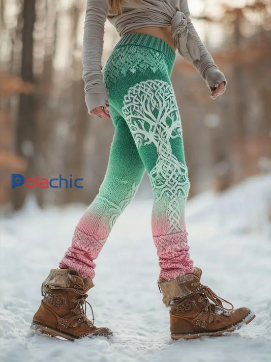 Femmes Retro Viking Celtic Knot Arbre De Vie Gradient Sport Stretch Leggings Vert / S