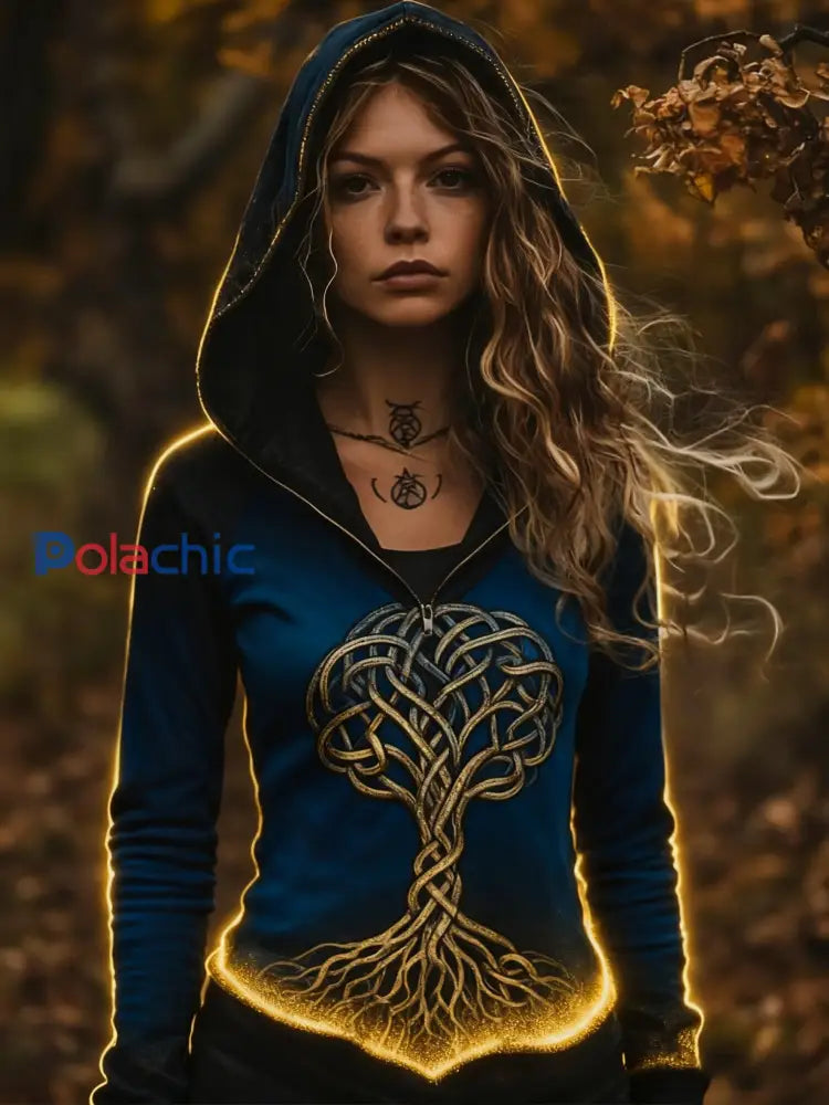 Femmes Retro Viking Celtic Knot Tree Of Life Gradient Sport Veste à capuche Bleu Marine / S