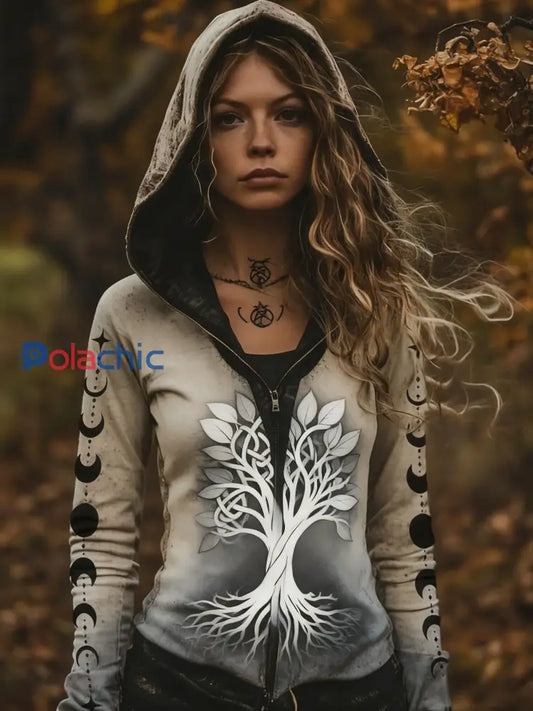 Femmes Retro Viking Celtic Knot Tree Of Life Gradient Sport Veste à capuche Kaki / S
