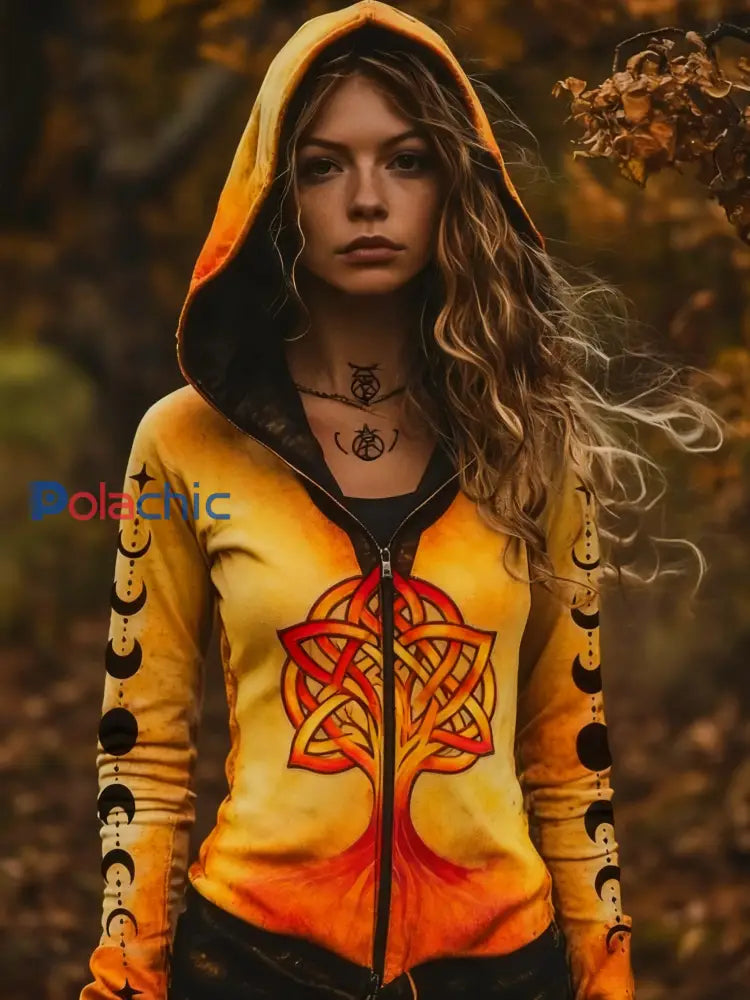 Femmes Retro Viking Celtic Knot Tree Of Life Gradient Sport Veste à capuche Orange / S