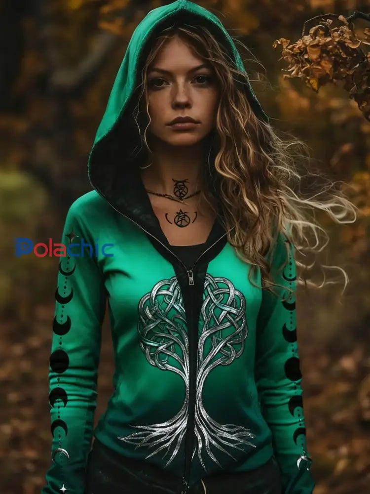 Femmes Retro Viking Celtic Knot Tree Of Life Gradient Sport Veste à capuche Vert / S