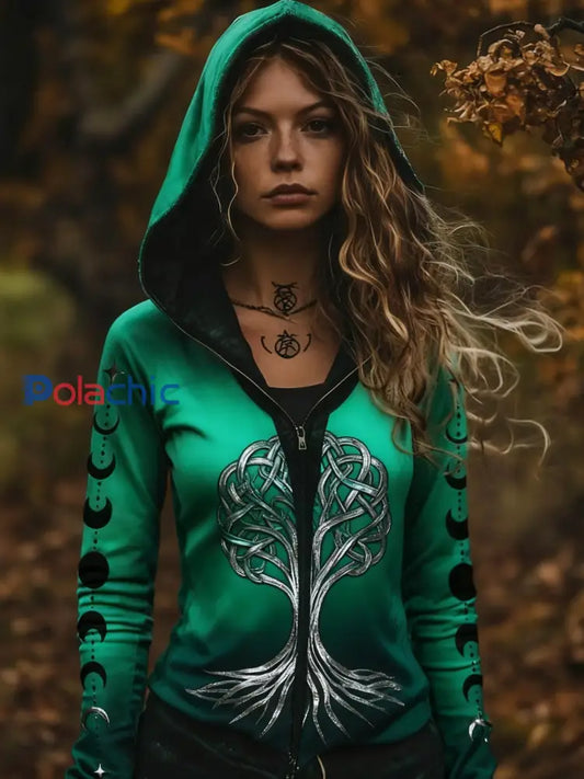 Femmes Retro Viking Celtic Knot Tree Of Life Gradient Sport Veste à capuche Vert / S