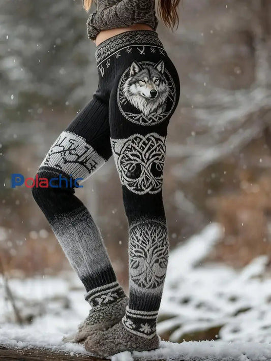 Femmes Rétro Viking Loup Noeud Celtique Arbre De Vie Patchwork Sport Stretch Leggings Noir / S