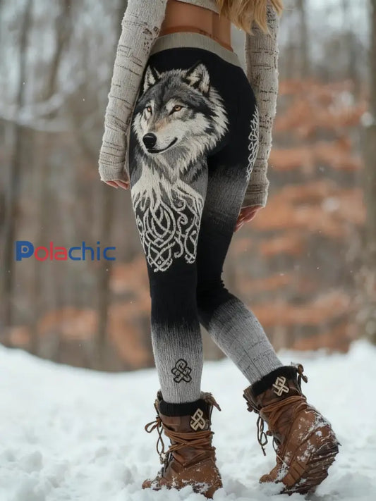 Femmes Rétro Viking Wolf Celtic Knot Arbre De Vie Sport Stretch Leggings Noir / S