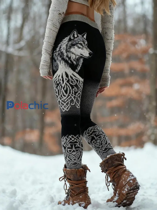 Femmes Rétro Viking Wolf Celtic Knot Arbre De Vie Sport Stretch Leggings Noir / S