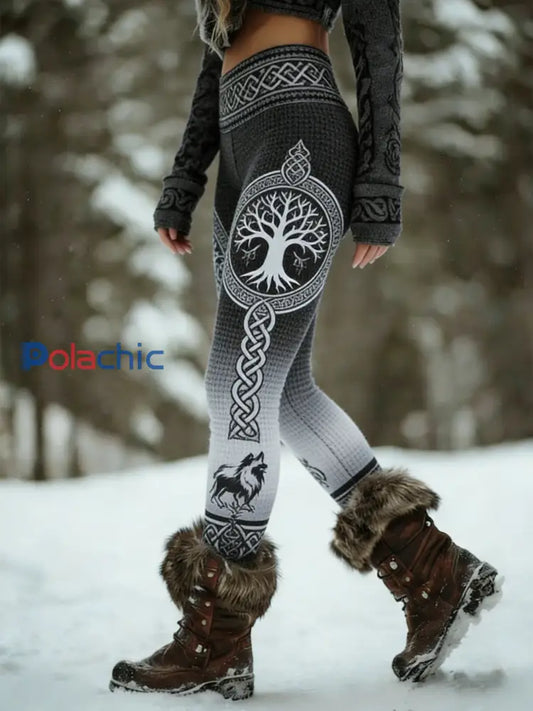 Femmes Retro Viking Wolf Noeud Celtique Arbre De Vie Gradient Sport Stretch Leggings Gris / S