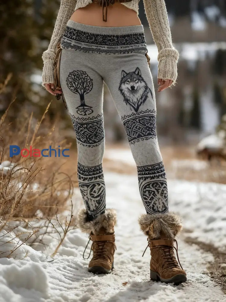Femmes Retro Viking Wolf Noeud Celtique Arbre De Vie Gradient Sport Stretch Leggings Gris / S