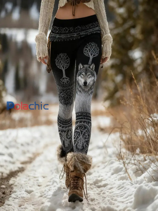 Femmes Retro Viking Wolf Noeud Celtique Arbre De Vie Gradient Sport Stretch Leggings Noir / S