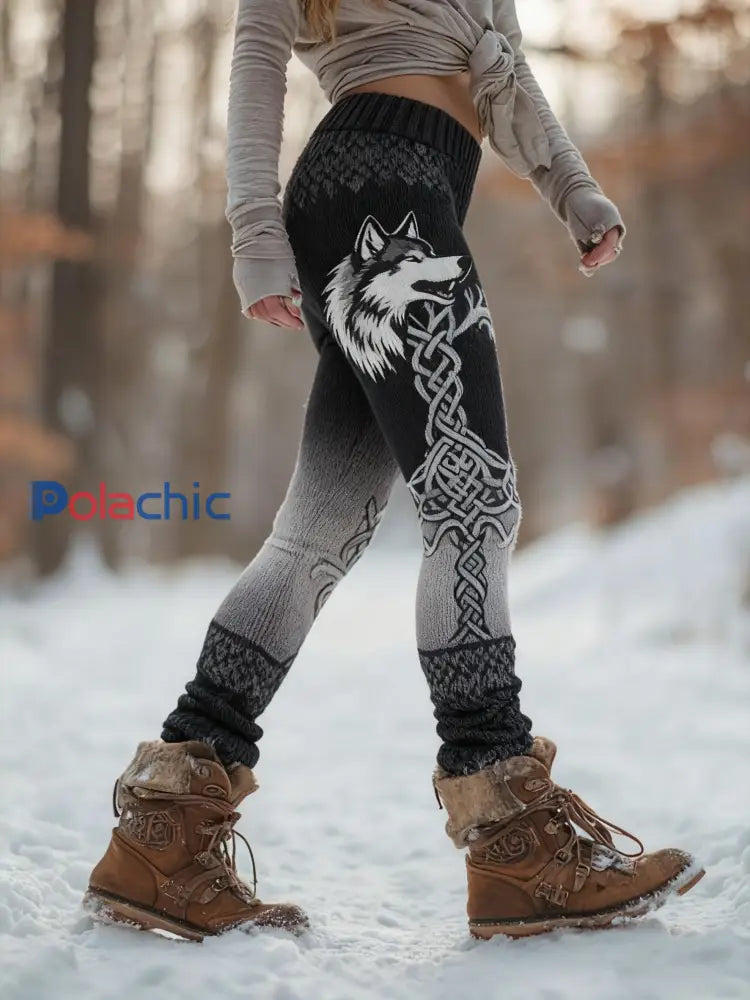 Femmes Retro Viking Wolf Noeud Celtique Arbre De Vie Gradient Sport Stretch Leggings Noir / S