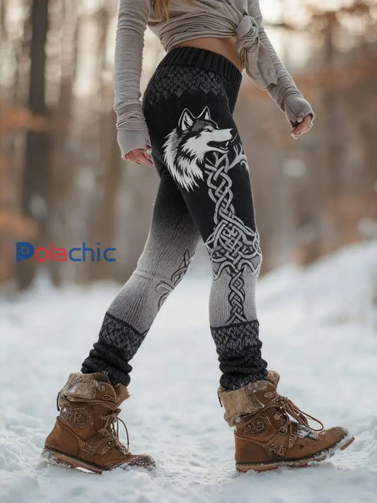 Femmes Retro Viking Wolf Noeud Celtique Arbre De Vie Gradient Sport Stretch Leggings Noir / S
