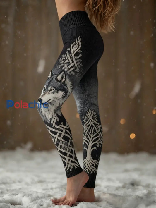 Femmes Retro Viking Wolf Noeud Celtique Arbre De Vie Gradient Sport Stretch Leggings Noir / S