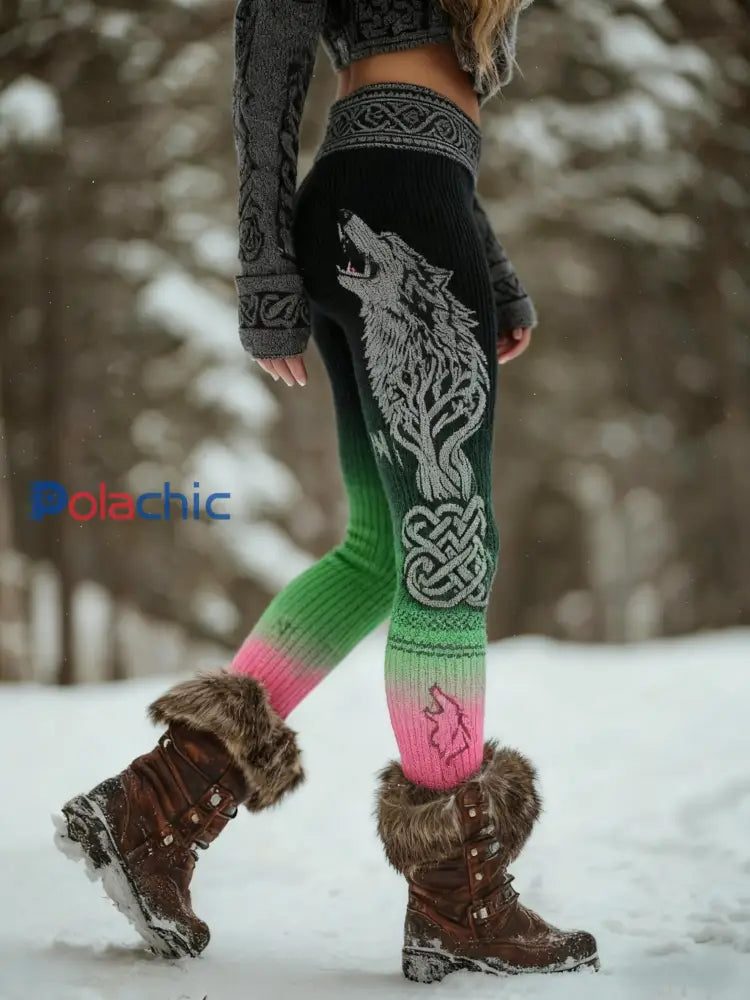 Femmes Retro Viking Wolf Noeud Celtique Arbre De Vie Gradient Sport Stretch Leggings Noir / S