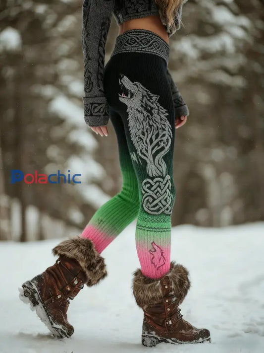 Femmes Retro Viking Wolf Noeud Celtique Arbre De Vie Gradient Sport Stretch Leggings Noir / S
