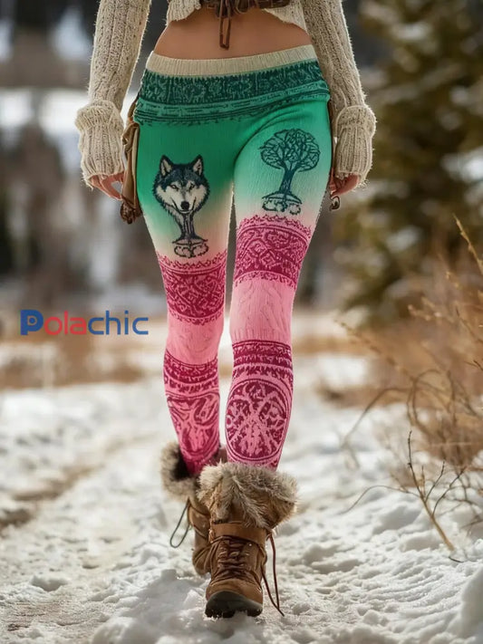 Femmes Retro Viking Wolf Noeud Celtique Arbre De Vie Gradient Sport Stretch Leggings Rose / S
