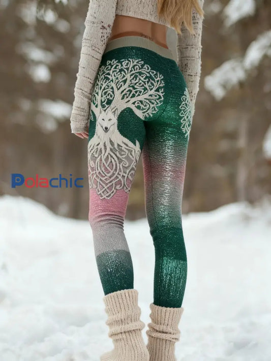 Femmes Retro Viking Wolf Noeud Celtique Arbre De Vie Gradient Sport Stretch Leggings Vert / S