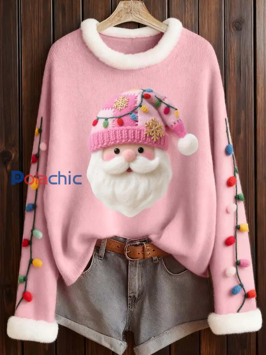 Femmes Rose mignon Père Noël Feutre Motif Furry Top Rose / S