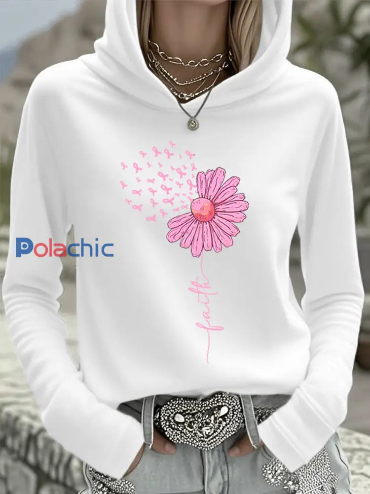 Femmes Rose Ruban Tournesol Foi Sensibilisation Au Cancer Du Sein Soutien Haut À Capuche Blanc / S