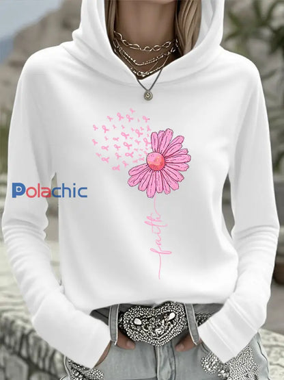 Femmes Rose Ruban Tournesol Foi Sensibilisation Au Cancer Du Sein Soutien Haut À Capuche Blanc / S