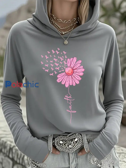 Femmes Rose Ruban Tournesol Foi Sensibilisation Au Cancer Du Sein Soutien Haut À Capuche Gris / S