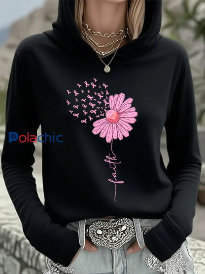 Femmes Rose Ruban Tournesol Foi Sensibilisation Au Cancer Du Sein Soutien Haut À Capuche Noir / S