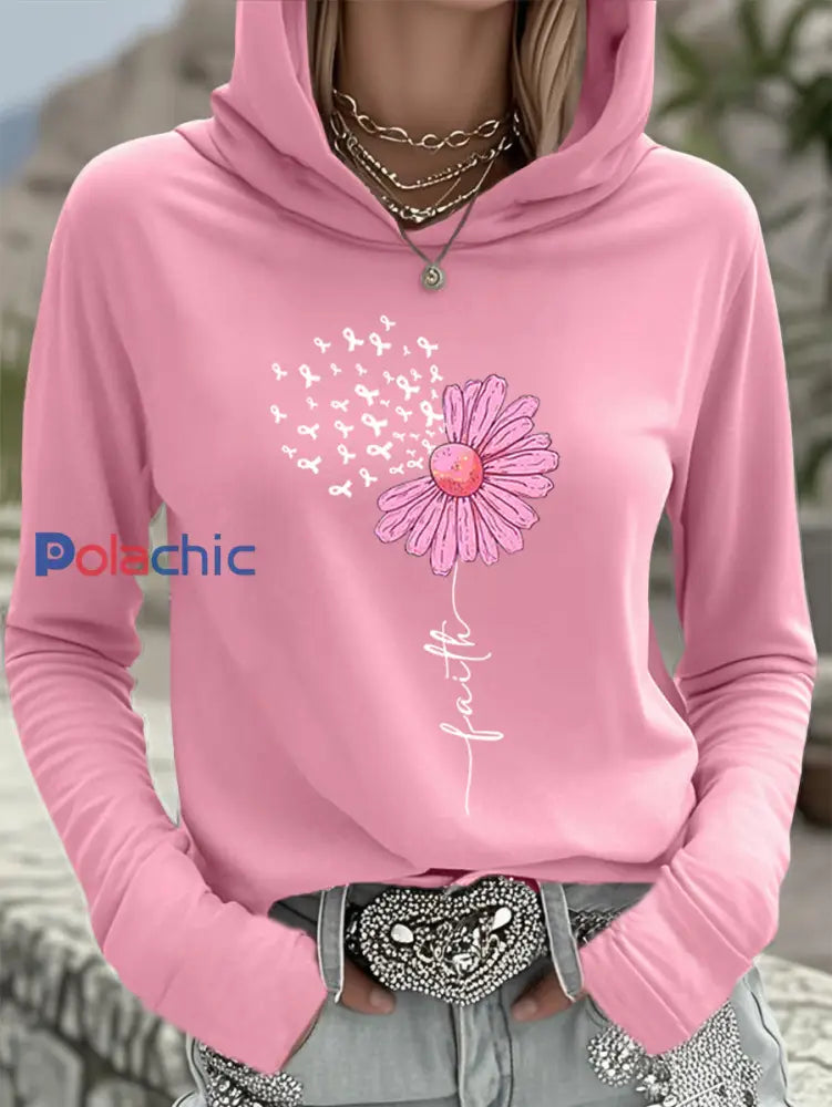 Femmes Rose Ruban Tournesol Foi Sensibilisation Au Cancer Du Sein Soutien Haut À Capuche Rose / S