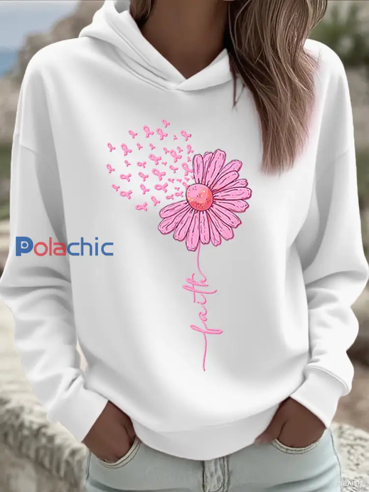 Femmes Rose Ruban Tournesol Foi Sensibilisation au Cancer Du Sein Soutien Sweatshirt Blanc / S