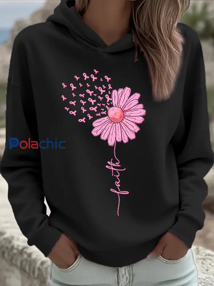 Femmes Rose Ruban Tournesol Foi Sensibilisation au Cancer Du Sein Soutien Sweatshirt Noir / S